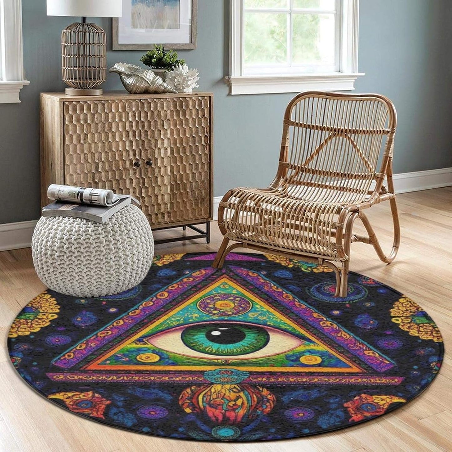 Machine Washable Modern Round Area Rug, Room Sofa Yoga Soft Round Carpet, Home Decor Non Slip Kitchen Office Circle Rug Trippy Rainbow Mushroom Tie Dye Art, 60inch
