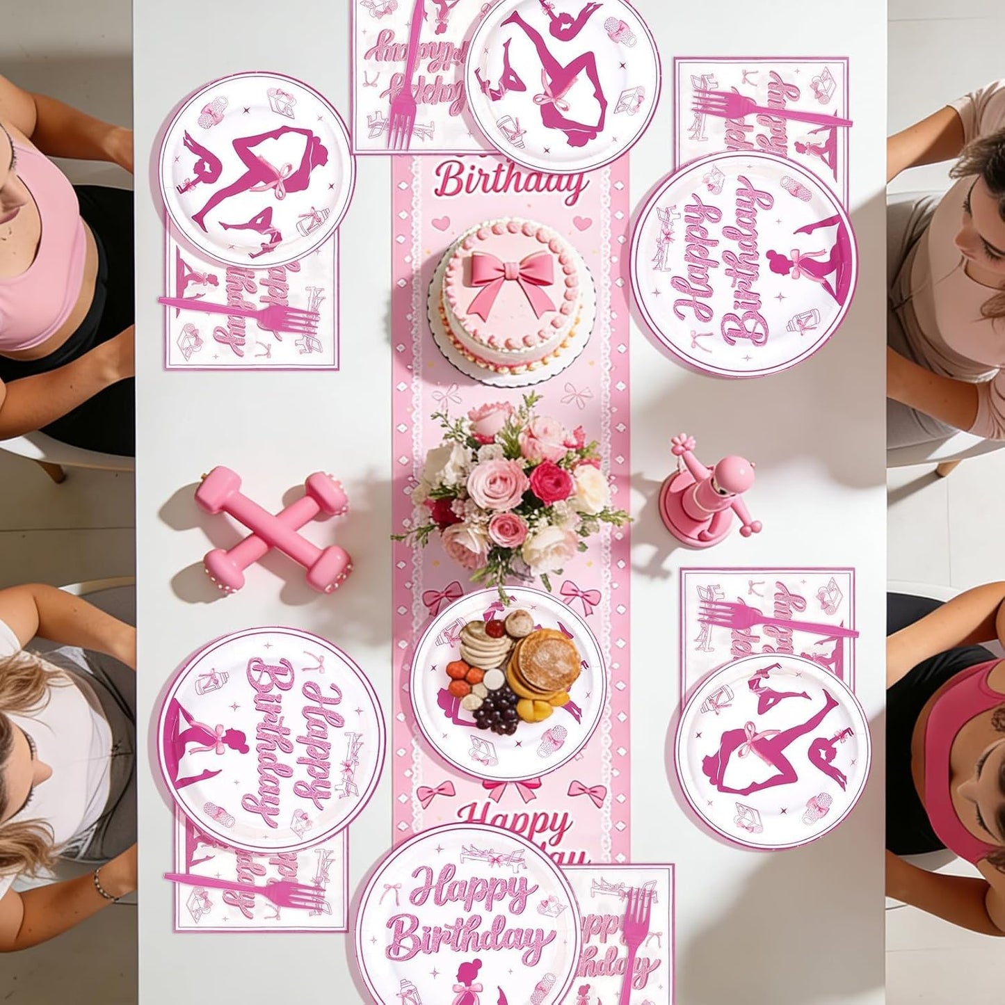 96 Pcs Pilates Yoga Birthday Party Decorations Pink Bow Yoga Pilates Plates and Napkins Disposable Sports Fitness Theme Tableware Set for Women Girls Gym Birthday Baby Shower Party Supplies Serves 24