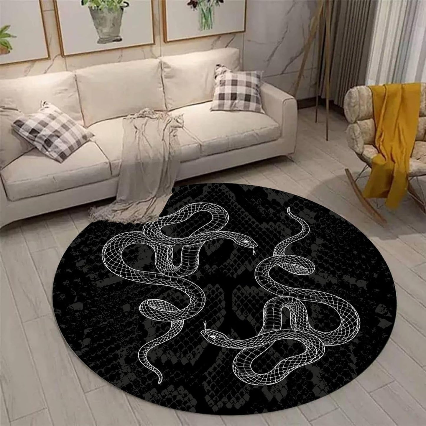 Black Snake Round 4ft Area Rug Wild Serpent Snakeskin Black Circle Rug Gothic Non-Slip Floor Mat for Bedroom Living Room Study Playing Round Yoga Mat Washable Carpet
