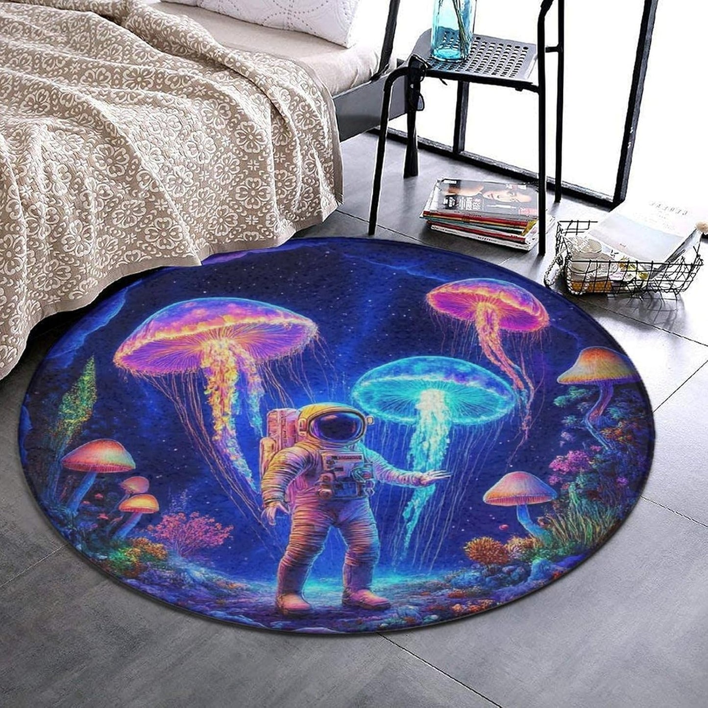 Machine Washable Modern Round Area Rug, Room Sofa Yoga Soft Round Carpet, Home Decor Non Slip Kitchen Office Circle Rug Trippy Rainbow Mushroom Tie Dye Art, 60inch