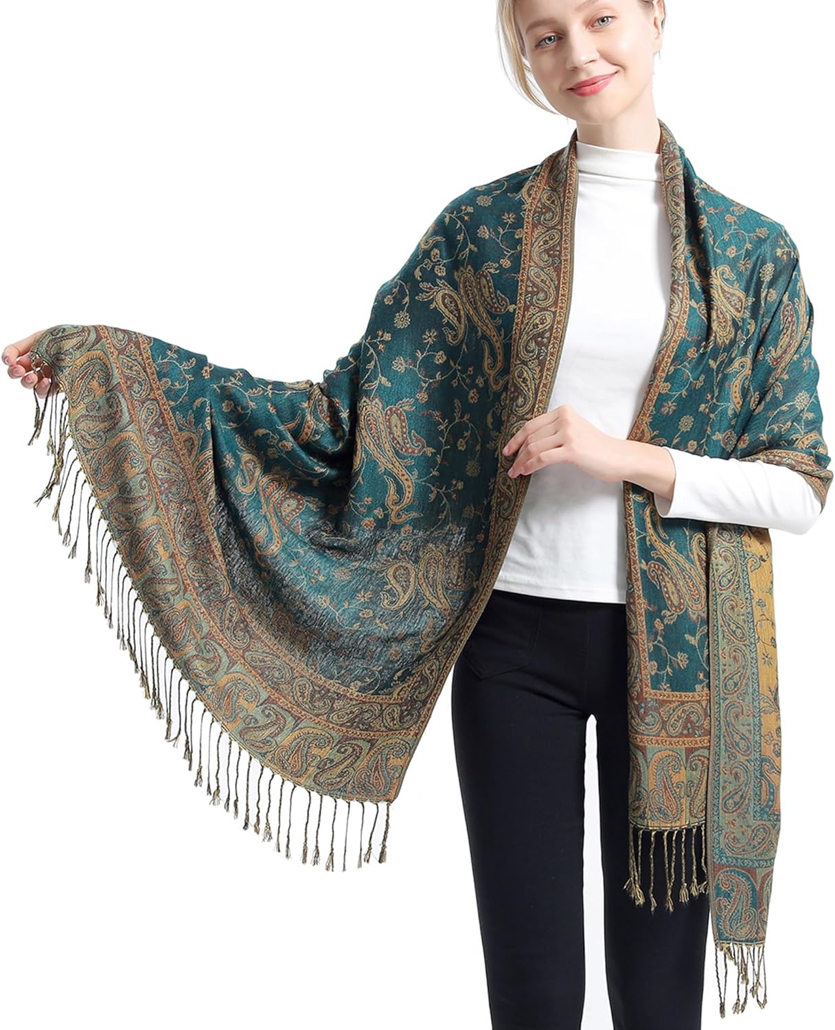Ciormis Two Tone Silky Paisley Pashmina Shawl Scarf,Soft Women's Rave Jacquard Pashminas Wrap Scarves