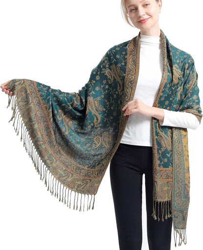 Ciormis Two Tone Silky Paisley Pashmina Shawl Scarf,Soft Women's Rave Jacquard Pashminas Wrap Scarves