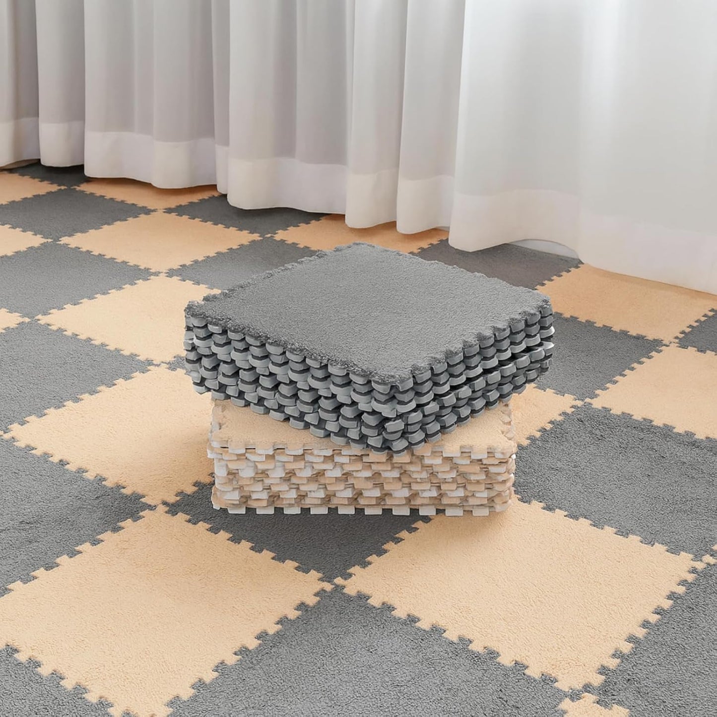 Flutesan 15 Pcs Winter Plush Puzzle Foam Floor Mat Interlocking Carpet Tiles Anti Slip Soft Warm Squares EVA Foam Crawling Rug for Play Floor Playroom Bedroom Nursery(Gray)