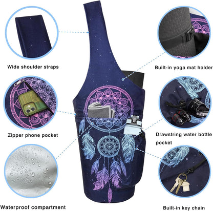 Yoga Mat Bag - Large Opening Long Tote Yoga Mat Carrier Holder Bag with Waterproof Wet Zipper Pocket and Drawstring Water Bottle Pocket - Yoga Bag Fit Most Size Mats