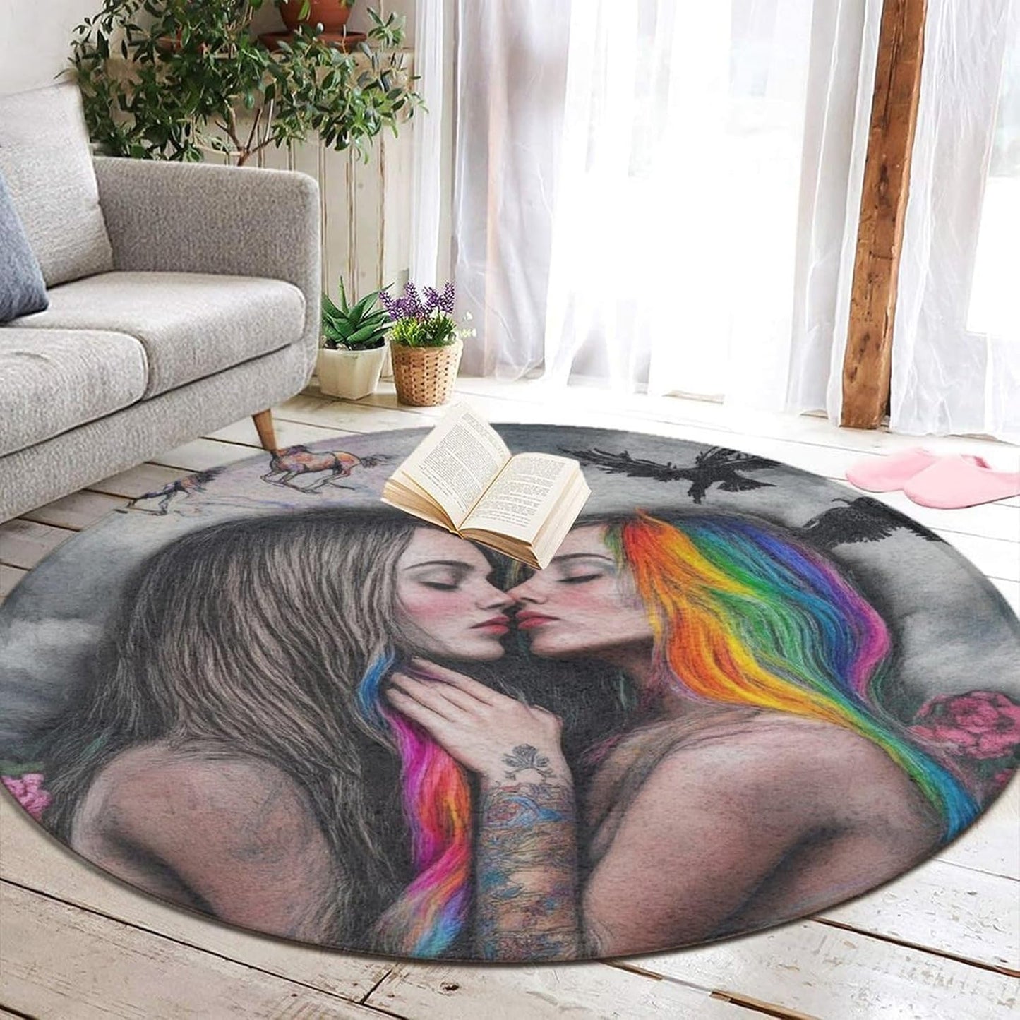 Machine Washable Modern Round Area Rug, Room Sofa Yoga Soft Round Carpet, Home Decor Non Slip Kitchen Office Circle Rug Union Jack Flag UK Mandala Art, 60inch