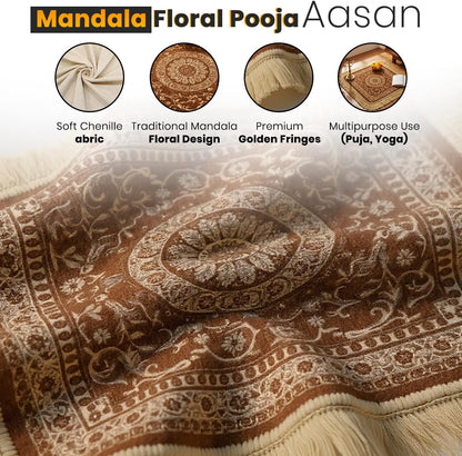Soft Chenille Prayer Mat | Traditional Mandala Floral Pooja Aasan with Golden Fringes | Multipurpose Square Rug for Meditation, Yoga, Puja Room & Home (Red, 2x2 Feet)