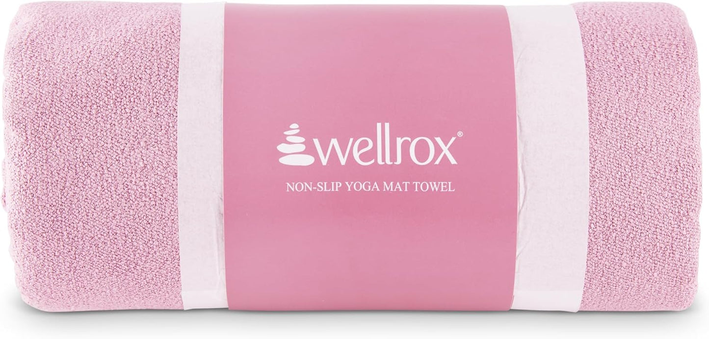 Wellrox Microfiber Yoga Mat Towel with Grip – Ultra Absorbent, Super Soft, and Quick Dry Hot Yoga Towel Non Slip for Pilates, Bikram, and Fitness Workouts (74” x 26”, Pink)