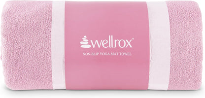 Wellrox Microfiber Yoga Mat Towel with Grip – Ultra Absorbent, Super Soft, and Quick Dry Hot Yoga Towel Non Slip for Pilates, Bikram, and Fitness Workouts (74” x 26”, Pink)