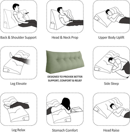 Cotton Linen Daybed Pillow Large Filled Triangular Soft Headboard Wedge Cushion Bed Backrest Positioning Support Reading Pillow for Adult Shoulder Lumbar Leg Bolster（Yellow, Small）