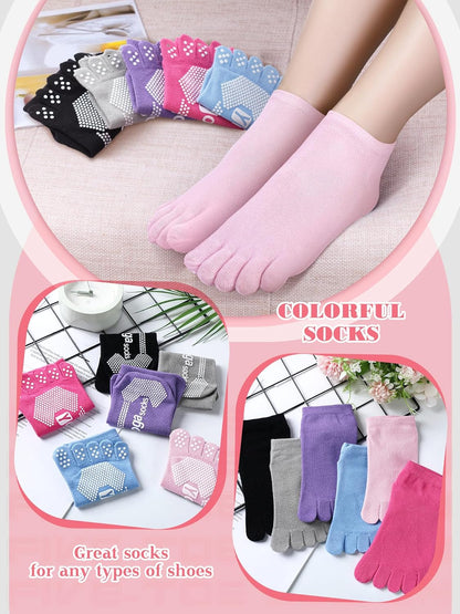 Fourluoo 6 Pairs Women Toe Socks Non Slip Yoga Socks with Grip Men Pilates Toe Socks for Dance Gym