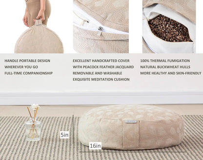 Meditation Cushion, Comfortable Meditation Pillow with Peacock Feather Jacquard Cover. Buckwheat Hull Filled Zafu Floor Pillow 16 * 16 * 5 in