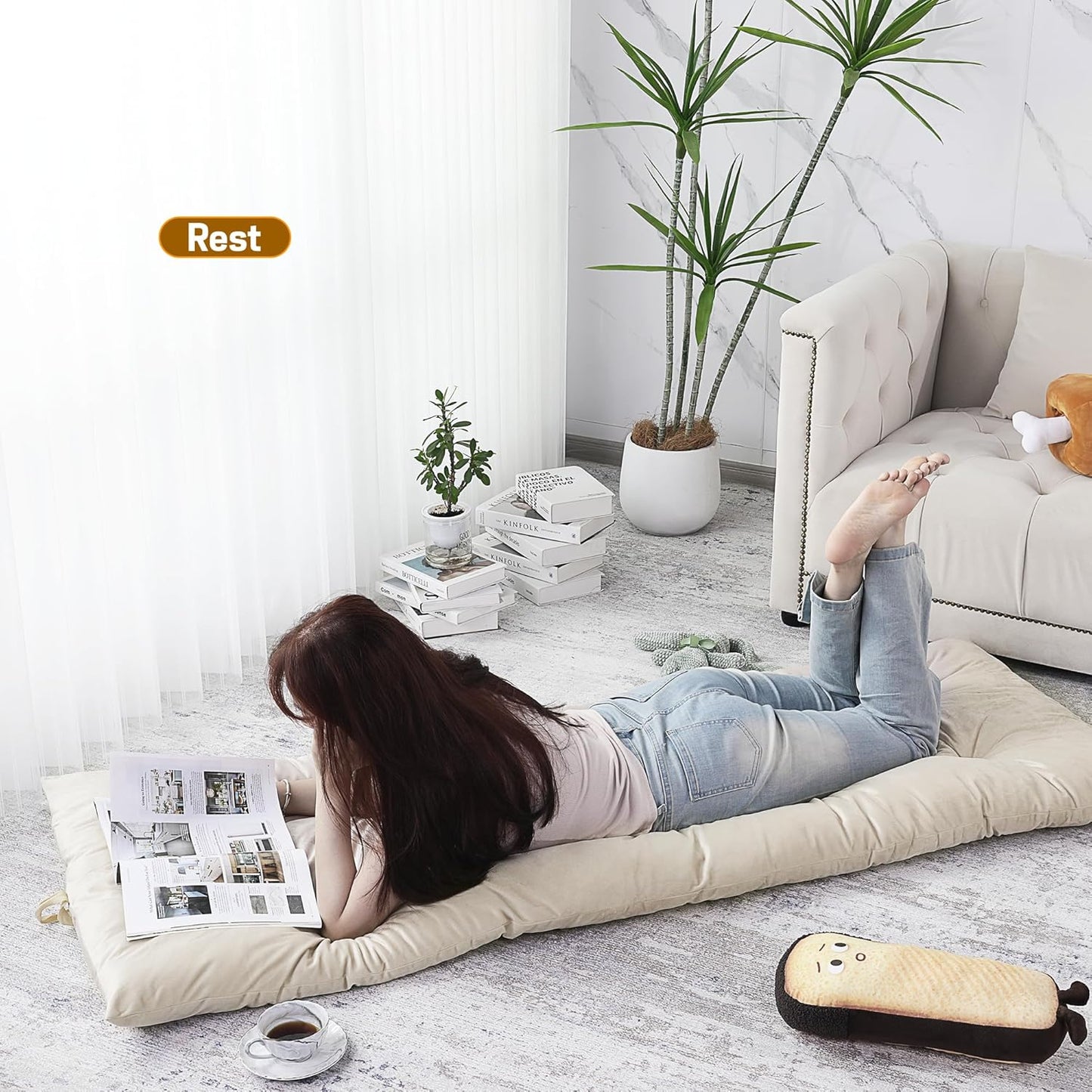 BALAPET Floor Lounger Pillow,Foldable Light Thick Tufted Floor Pillow Cushion with Elasticized Webbing for Easy Storage Floor Lounger for Meditation, Playing, Yoga, Reading, Sleeping(Beige White)