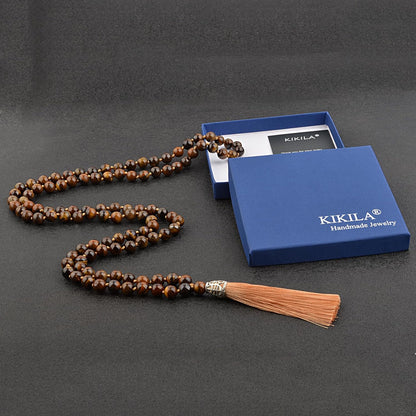 KIKILA Mala Beads 108 Natural Stone GemStones Japamala Yoga Meditation Hand Knotted Beaded Tassel Necklace for Women Men
