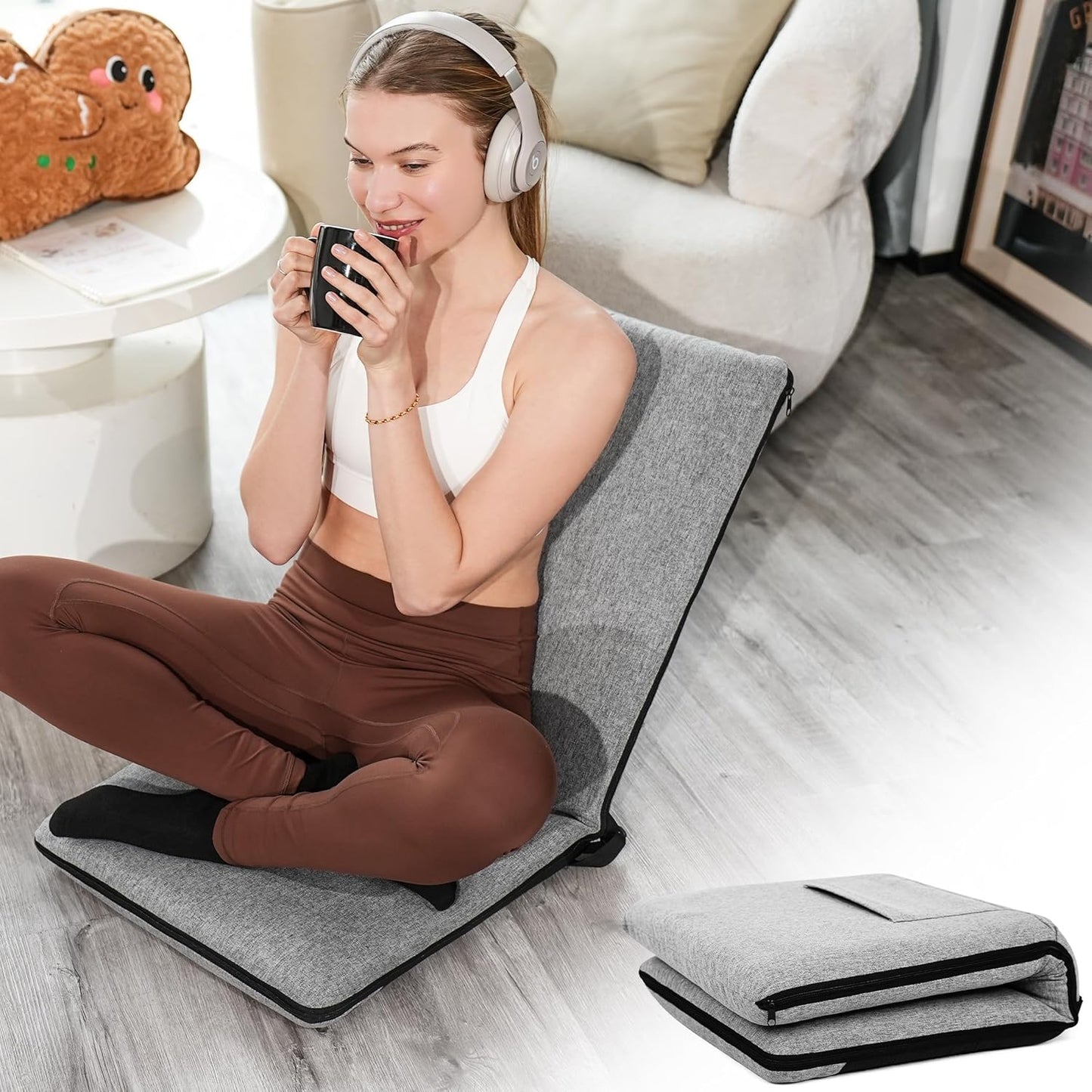 Floor Chair with Back Support 14-Position Adjustable Floor Chair Portable Ground Seating for Adults & Kids Foldable Meditation Seat with Japanese KOYO Bearings & Washable Linen Cover (Coffee)