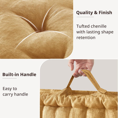Intelligent Design Large Floor Pillow for Adults Yoga or Meditation Cushion with Handle, Floor Cushion for Board Games, Lustrous Chenille Tufted, Handsewn Scalloped Edge, Azza, 24" x 24" x 5" Yellow