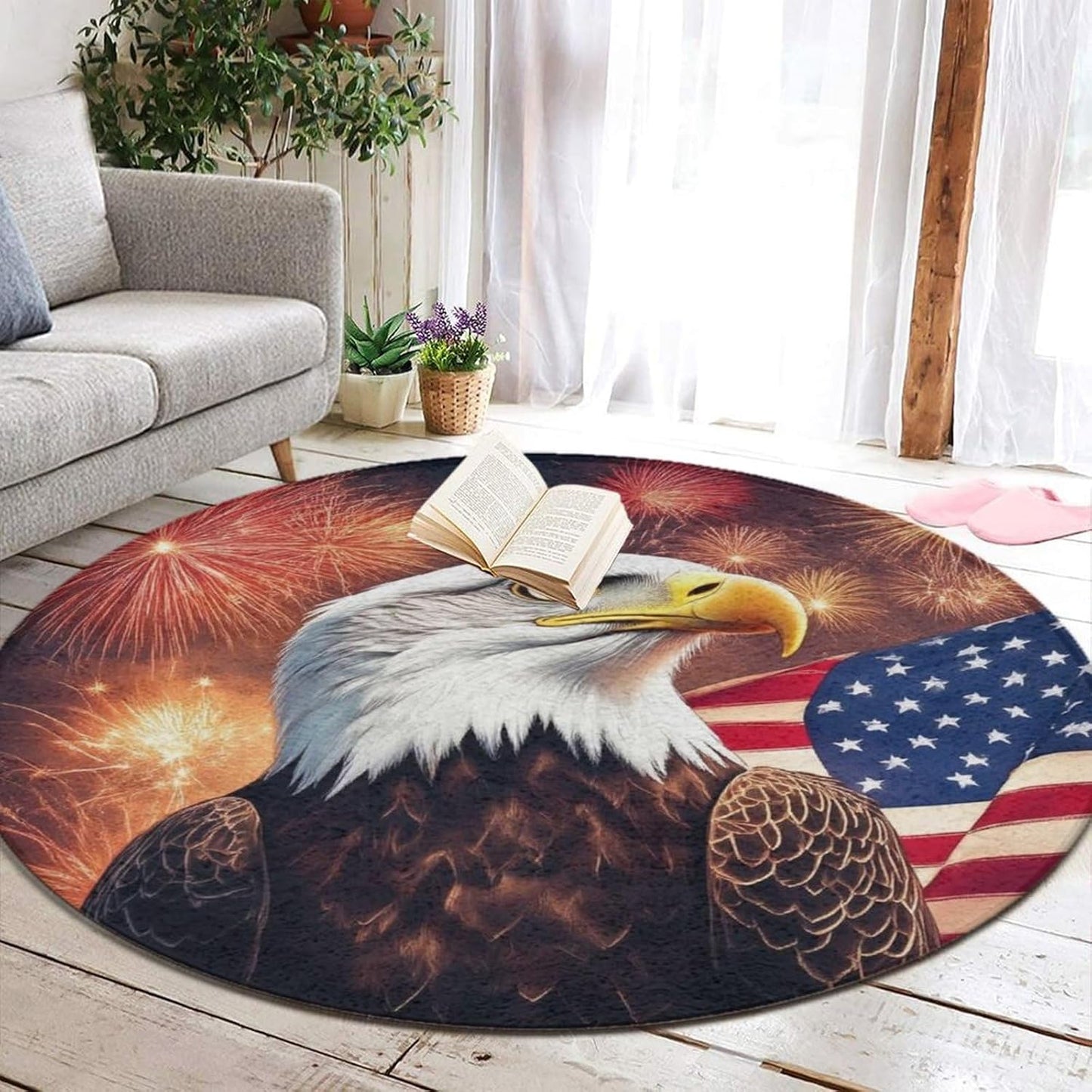 Machine Washable Modern Round Area Rug, Room Sofa Yoga Soft Round Carpet, Home Decor Non Slip Kitchen Office Circle Rug Union Jack Flag UK Mandala Art, 60inch
