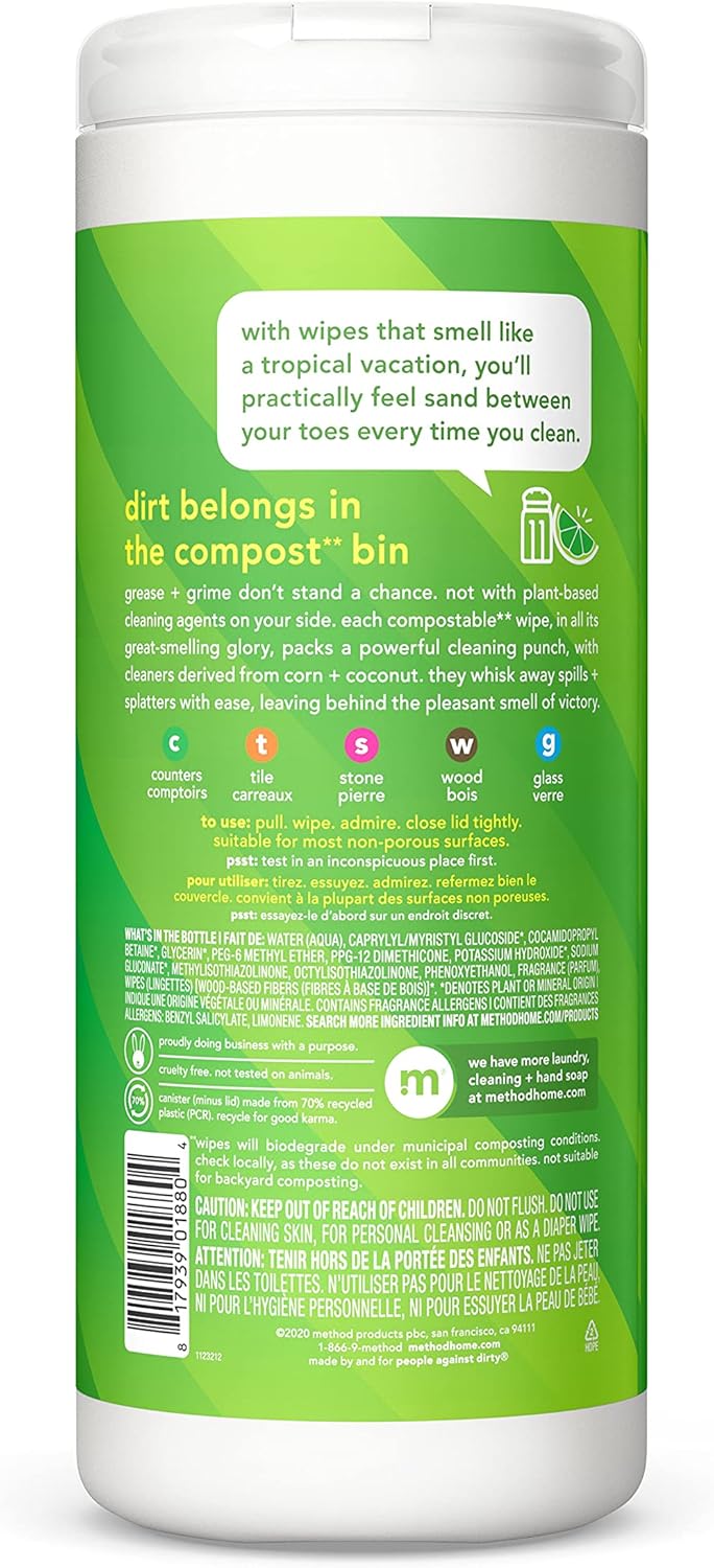 Method All-Purpose Cleaning Wipes, French Lavender, Multi-Surface, Compostable, 70 Count, (Pack of 3)