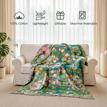 Boho Throw Blanket - 100% Cotton Soft Summer Throw Blanket for Bed, 50"x60" Reversible Breathable Lightweight Blankets, All Seasons Farmhouse Decor Floral Plant Butterfly Throw Quilt