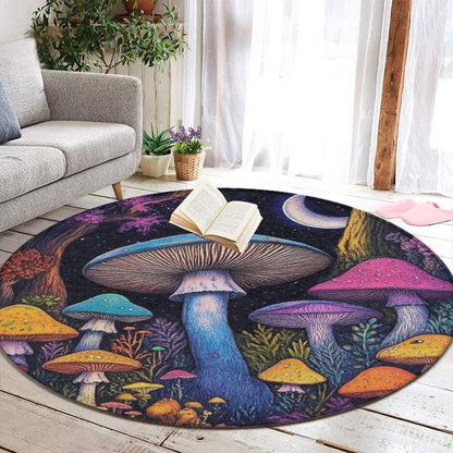 Machine Washable Modern Round Area Rug, Room Sofa Yoga Soft Round Carpet, Home Decor Non Slip Kitchen Office Circle Rug Trippy Rainbow Mushroom Tie Dye Art, 60inch