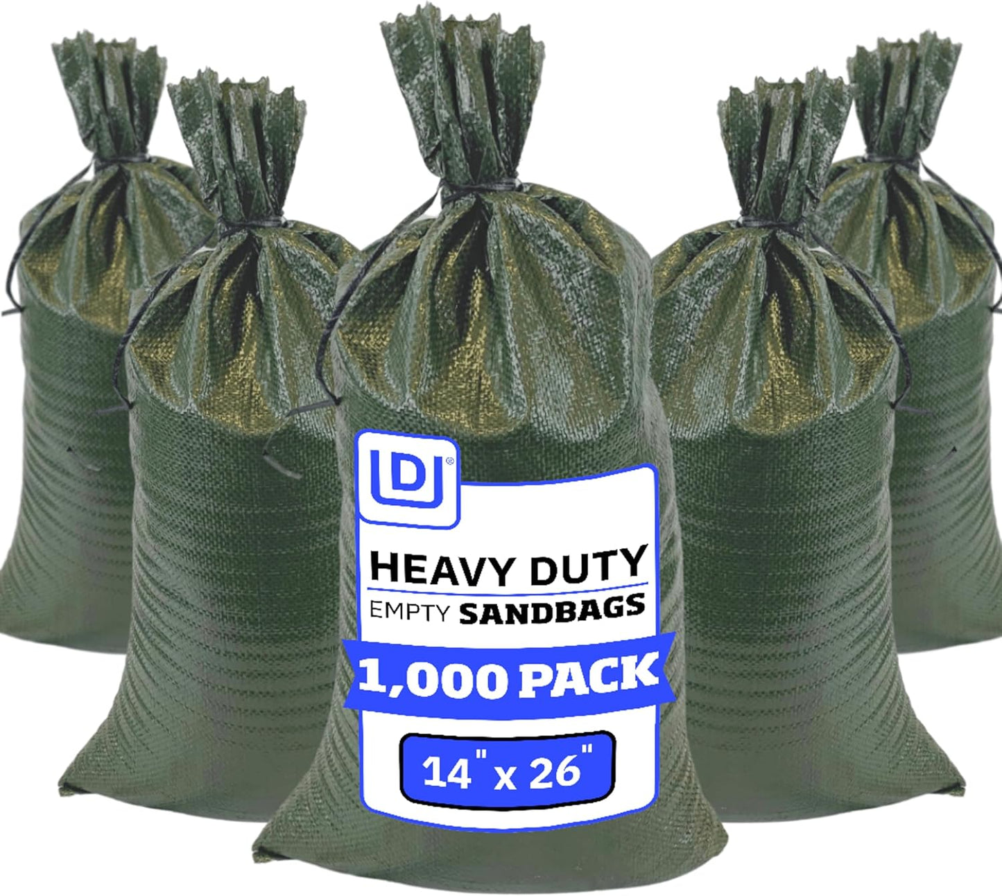 DURASACK Heavy Duty Sand Bags with Tie Strings Empty Woven Polypropylene Sand-Bags for Flood Control with 1600 Hours of UV Protection, 50 lbs Capacity, 14x26 inches, Green, Pack of 50