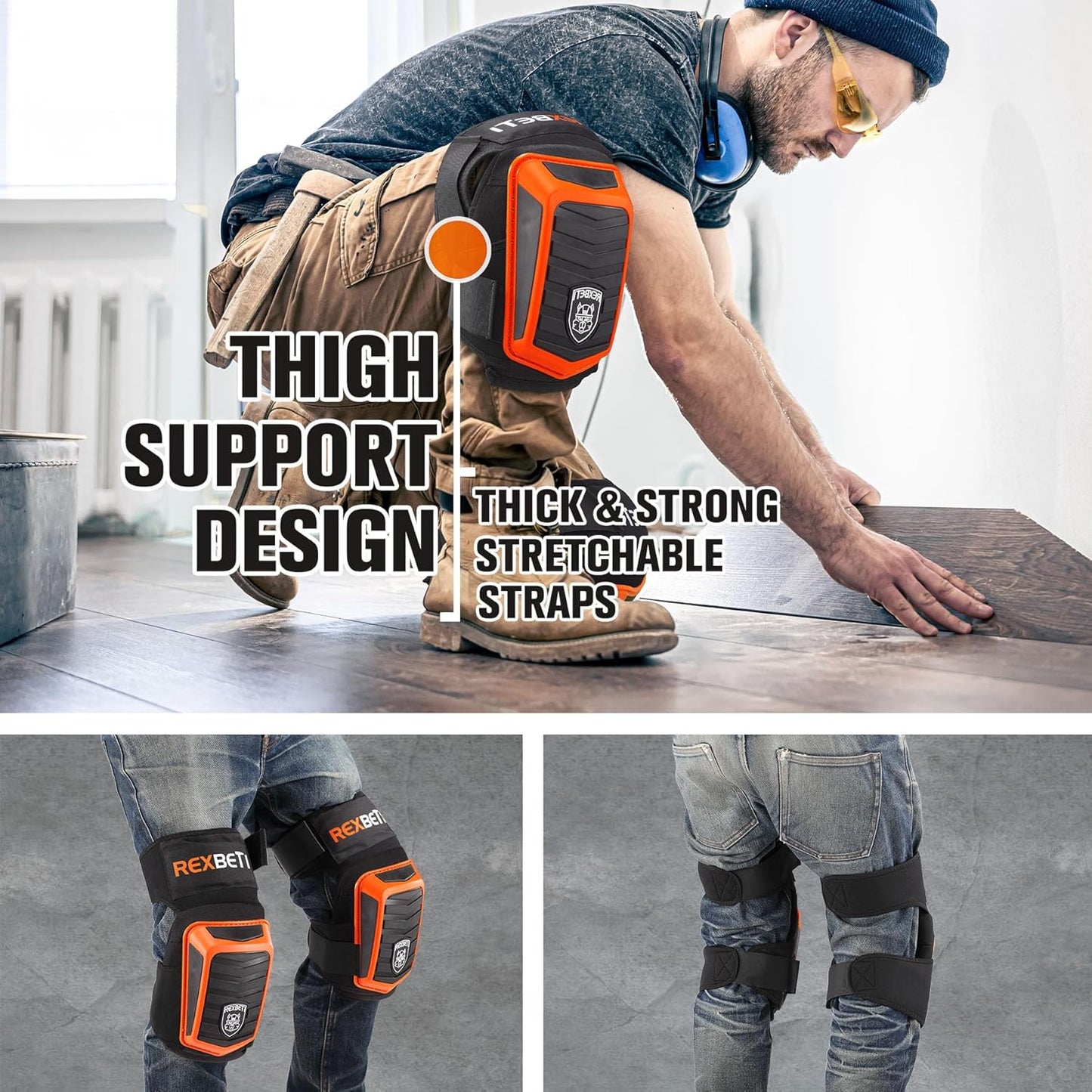 REXBETI Knee Pads for Work, Construction Knee Pads for Men, Heavy Duty Comfortable Anti-slip Foam Gel Knee Pads for Gardening Flooring and Cleaning, Strong Stretchable Straps, Orange