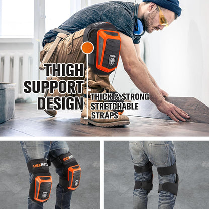 REXBETI Knee Pads for Work, Construction Knee Pads for Men, Heavy Duty Comfortable Anti-slip Foam Gel Knee Pads for Gardening Flooring and Cleaning, Strong Stretchable Straps, Orange