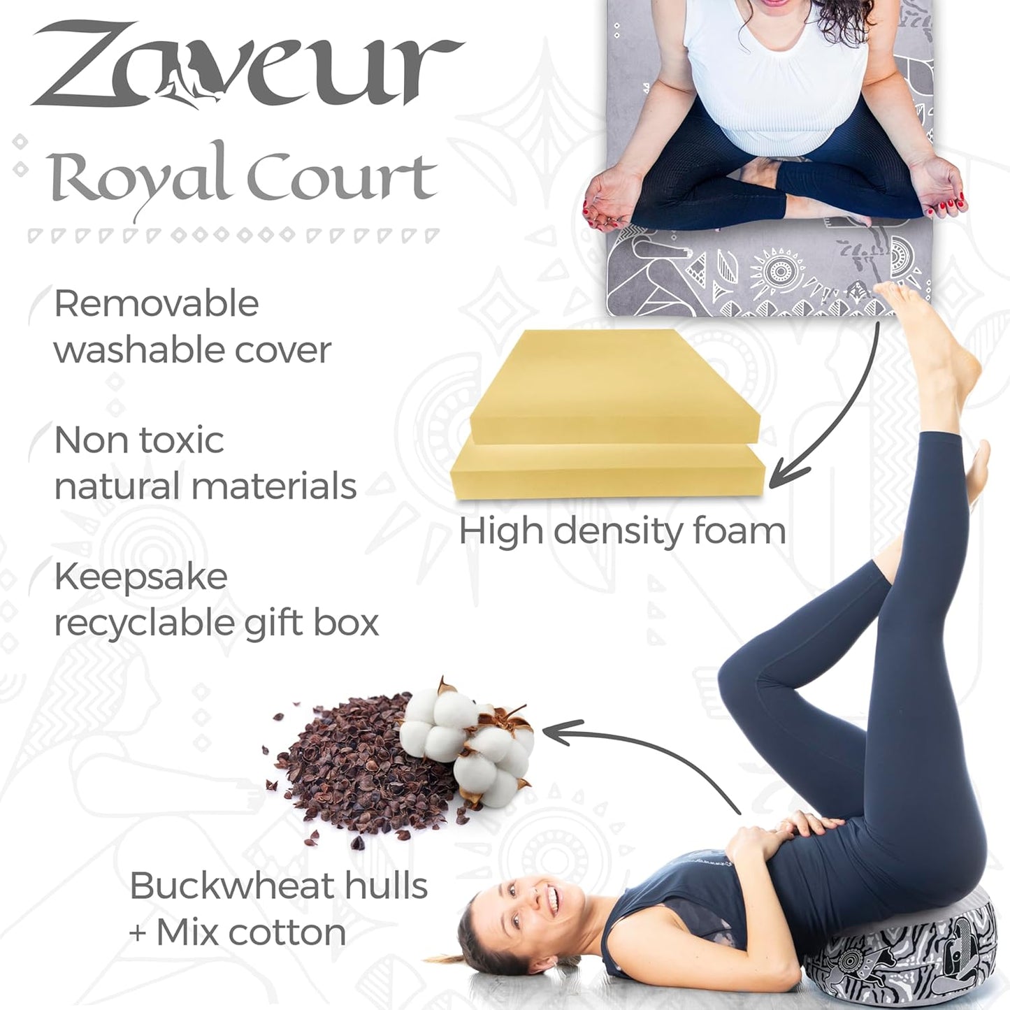 Zaveur Royal Court Zafu Meditation Cushion - 18" Round Yoga Bolster Pillow with 100% Cotton Filling and Canvas Cover - Premium Floor Pillow for Meditation - Yoga Cushion for Sitting on Floor - Gray