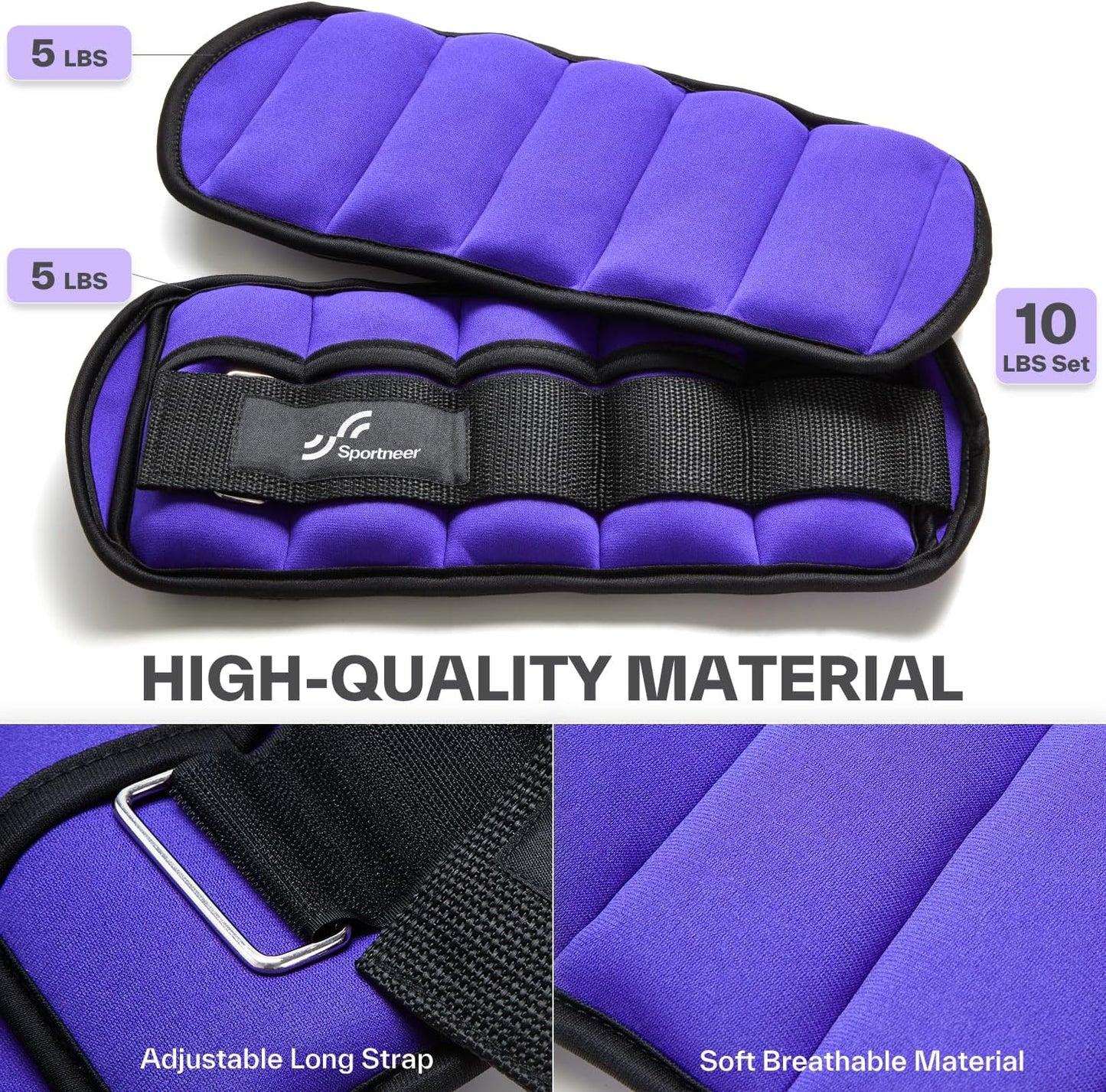 Sportneer Adjustable Ankle Weights Set - 1 Pair (2-10 lbs) Removable Sandbags for Women & Men, Comfortable Neoprene Leg Weights for Walking, Running, Pilates, Yoga, Home Workout & Physical Therapy
