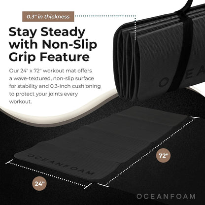 Oceanfoam Travel Workout Mat – 0.3" Thick Folding Exercise Mat for Yoga, Pilates, & Fitness – Non-Slip with Cotton Carrying Strap, Made with Sustainable Algae Foam – 24" x 72" (Black Marbled)