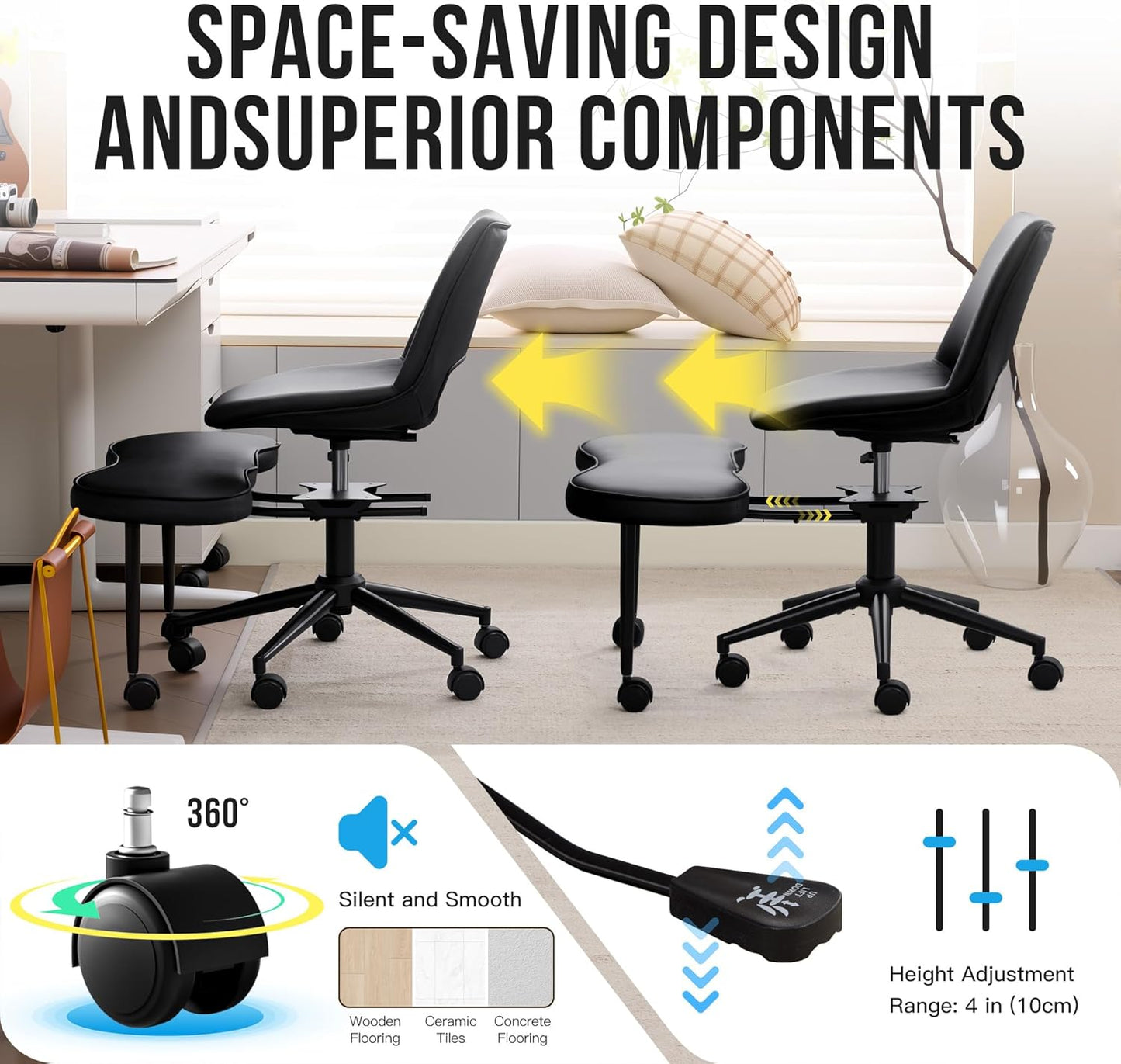 GAOMON Ergonomic Cross Legged Chair with High Lumbar Support, 360° Swivel Meditation Chair with Wheels - Adjustable Height for ADHD Desk & Yoga, PU Leather Yoga Stool for Home, Black