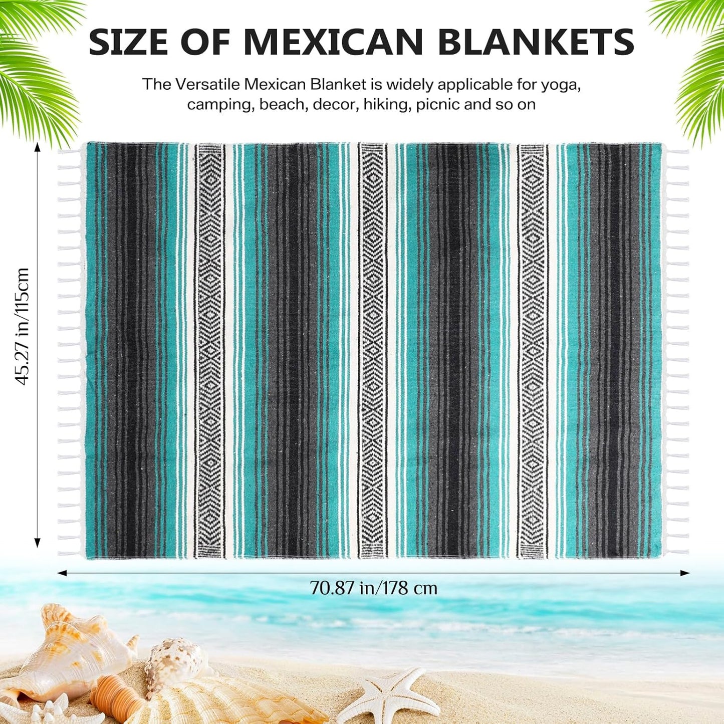 Oudain 4 Pcs Mexican Blankets Bulk Handwoven Mexican Yoga Blanket Towel Colorful Falsa Serape Woven Throw Blanket Boho Beach Blankets for Outdoor Camping Beach Picnic Travel Home (Blue Green)