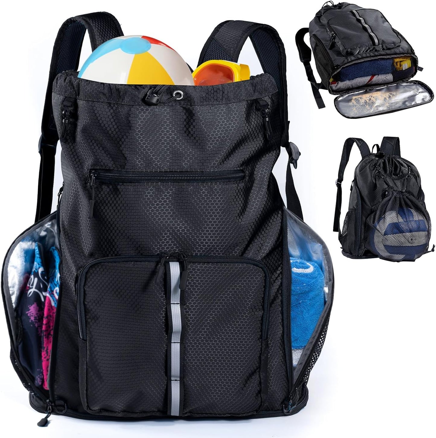 Large Beach Backpack Waterproof Sandproof - Customized Oversized Drawstring Pool Bag with Shoe Compartment for Toiletries, Towels, Gym, Travel