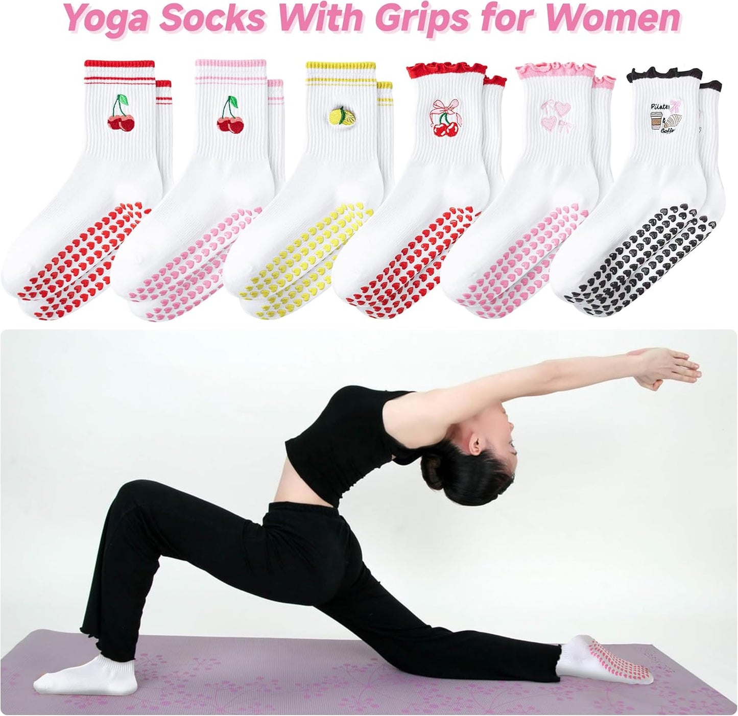 Grip Socks Pilates,4/6Pairs Cotton Cute Pilates Socks for Women, Ruffle Grippy Sock for Yoga Barre Hospital 5-10in