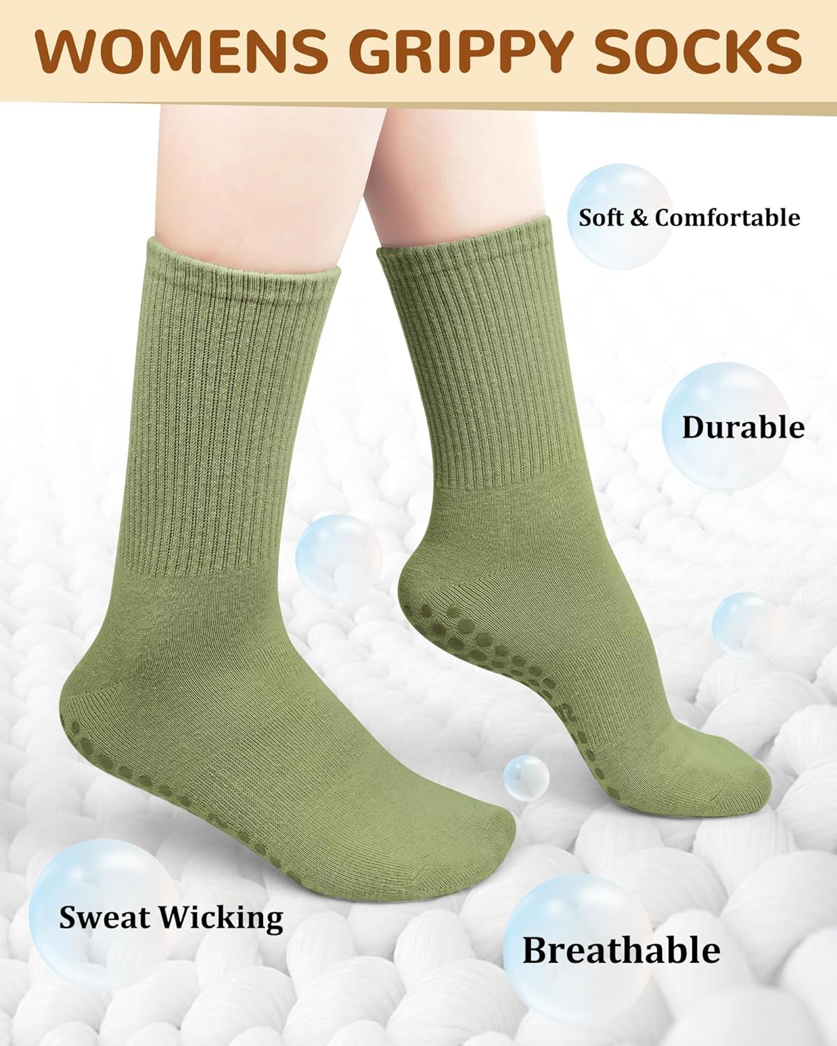 Justay 6 Pairs Pilates Socks with Grips for Women Soft Non Slip Crew Cotton Athletic Workout Barre Hospital Yoga Socks