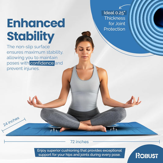 Robust Extra Thick Yoga Mat 1/4 & 1/3 & 2/5 Inch - Non Slip Exercise Mat with Alignment Lines, Carrying Strap, TPE Eco-Friendly Material for Knee Support, Sweat-Proof 72" x 24" for Women & Men
