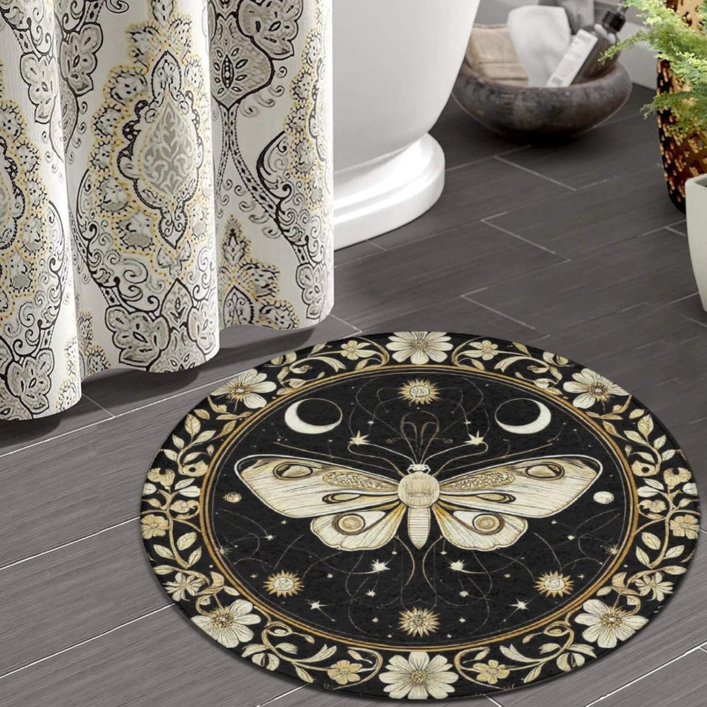 Large Home Decor Mat, Soft Round Yoga Carpet, Non Slip Machine Washable Home Office Circle Rug Gothic Witchy Sun Moon Mushroom Moth