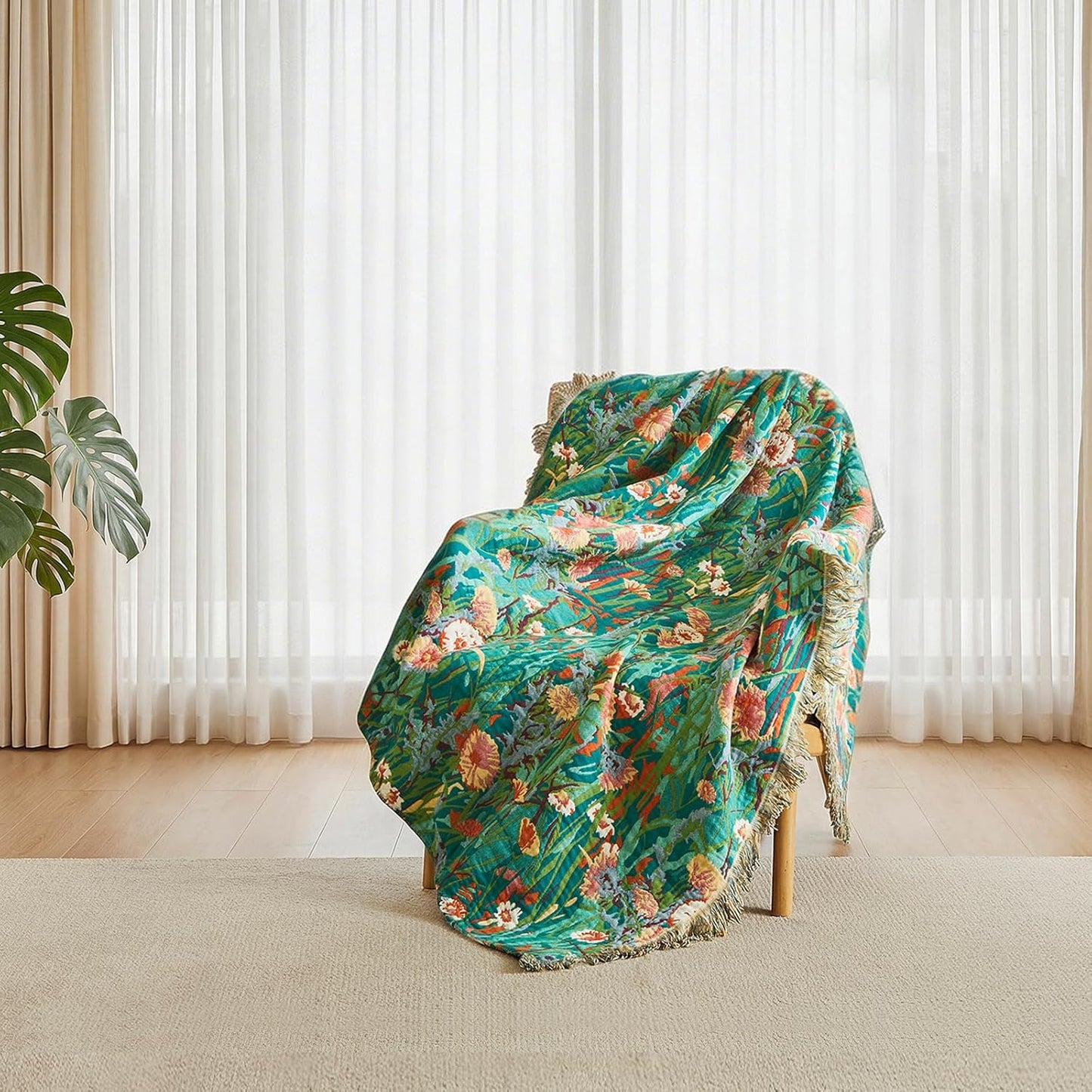 Boho Throw Blanket - 100% Cotton Soft Summer Throw Blanket for Bed, 50"x60" Reversible Breathable Lightweight Blankets, All Seasons Farmhouse Decor Floral Plant Butterfly Throw Quilt
