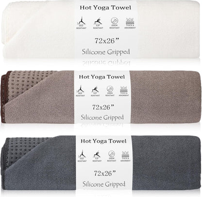 Hahafelt 3 Pack Hot Yoga Towel Non Slip 72" x 26" Extra Large Microfiber Yoga Mat Towel with Grip Dot Absorbent Sweat Anti-Slip Mat Cover for Pilates Fitness(Beige Dark Gray Coffee)