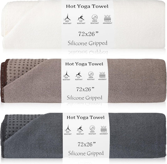 Hahafelt 3 Pack Hot Yoga Towel Non Slip 72" x 26" Extra Large Microfiber Yoga Mat Towel with Grip Dot Absorbent Sweat Anti-Slip Mat Cover for Pilates Fitness(Beige Dark Gray Coffee)