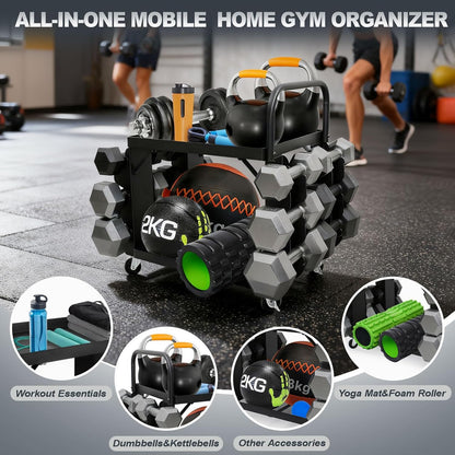 All-in-One Home Gym Storage Cart with Wheels and Handle, 2-Tier Heavy Duty Adjustable Weight Rack for Small Dumbbells, Kettlebells,Yoga Mats, Fitness Gear