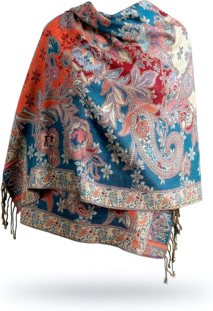 Achillea Reversible Paisley Pashmina Rave Scarf – Exotic Indian Shawls and Wraps for Evening Dresses, Festivals, All Seasons - Colors A