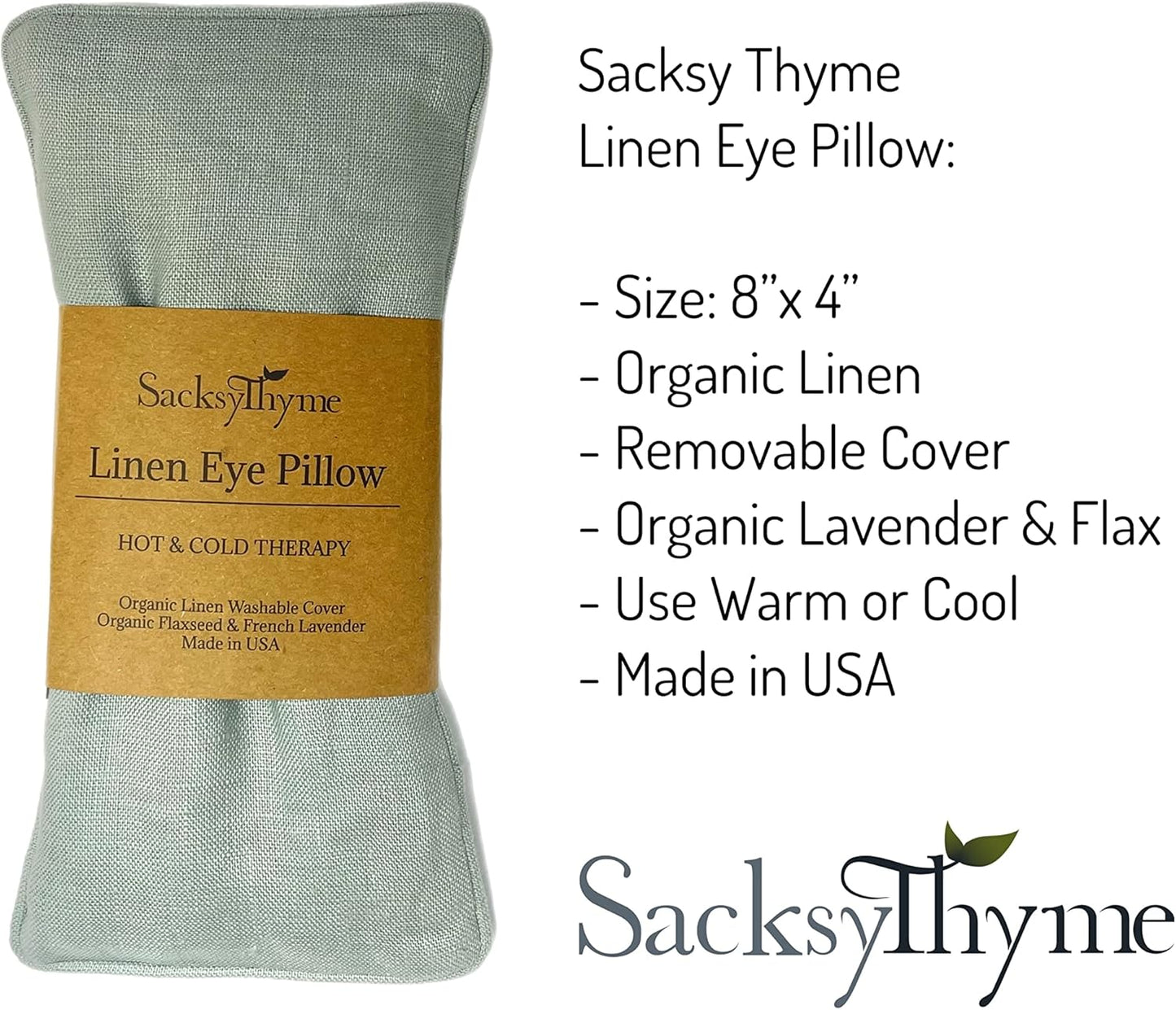 Sacksy Thyme Organic Linen Eye Pillow - Lavender & Flaxseed for Relaxation, Yoga, Stress Relief - Microwavable Heating Pad & Cool Compress - Made in USA - Gifts for Meditation
