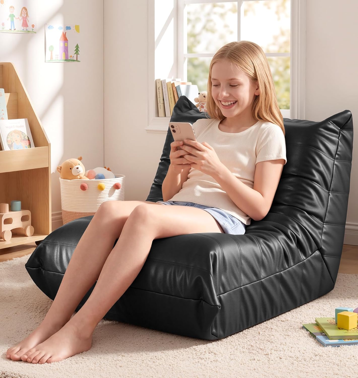 Hobestluk Giant Bean Bag Chair Lazy Floor Sofa, Memory Foam Fireside Sofa for Adults, Big Beanbag Faux Leather Armless Chair for Living Room Bedroom Dorm Office (Brown, Single)