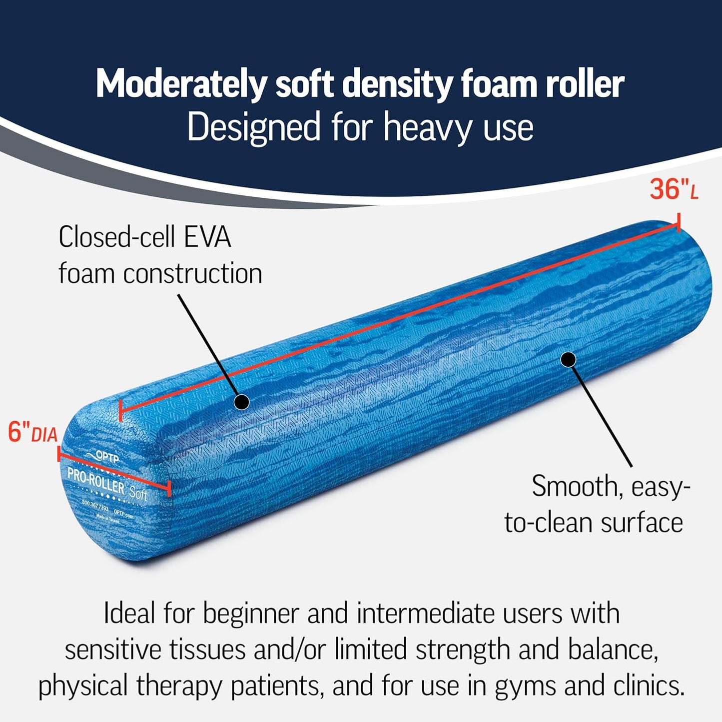 OPTP PRO-Roller Soft Density Foam Roller – Low Density Soft Foam Roller for Physical Therapy, Pilates, Yoga Foam Roll Exercises, and Muscle Recovery - Blue 18" x 6"