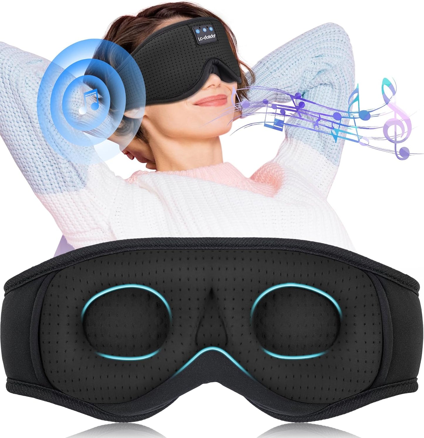LC-dolida Sleep Headphones, 3D Sleep Mask Bluetooth Wireless Music Eye Mask, Sleeping Headphones for Side Sleepers Sleep Mask with Bluetooth Headphones Ultra-Thin Stereo Speakers Perfect for Sleeping