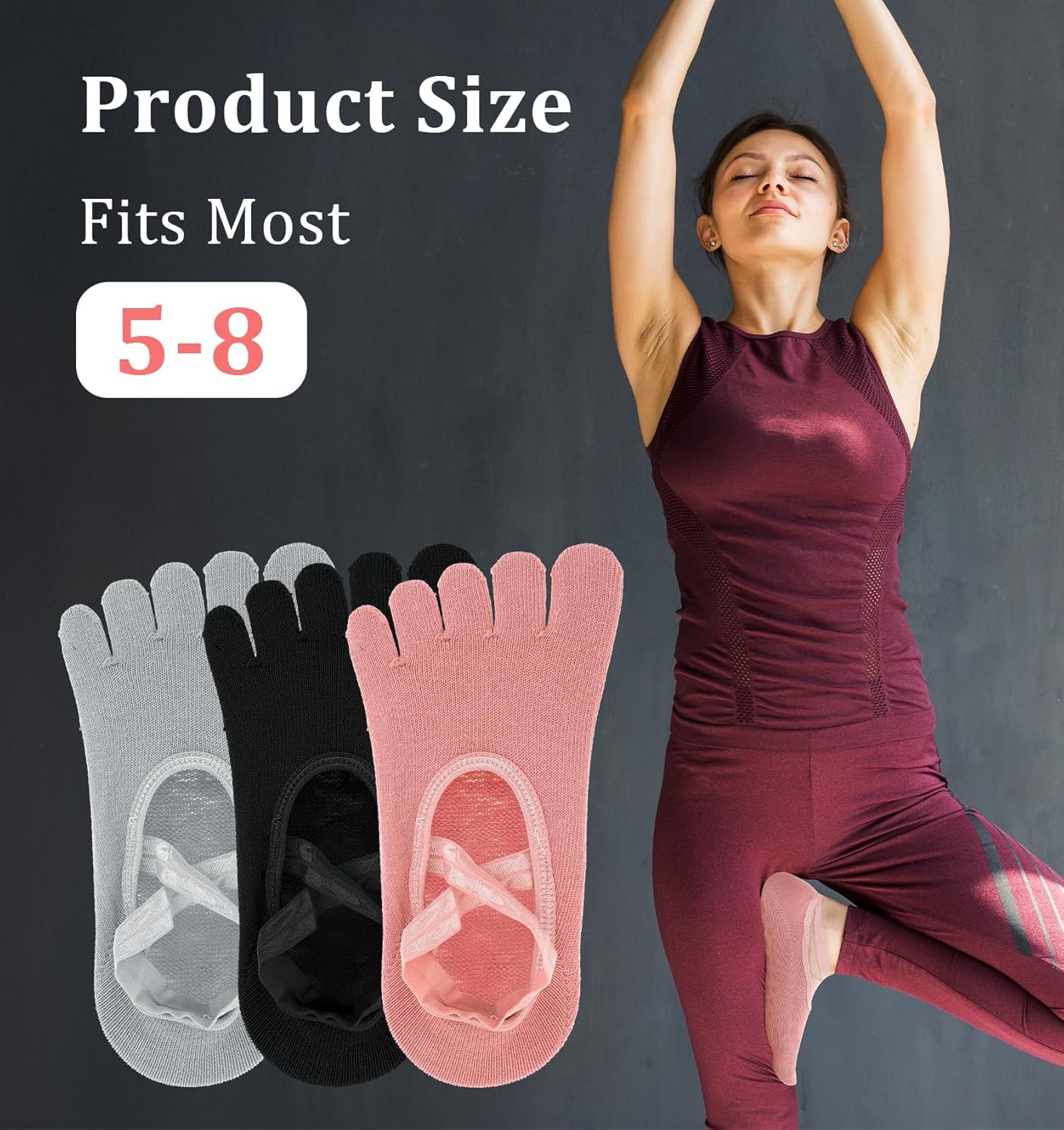 Pilates Toe Socks, Yoga Toe Socks, 3 Pairs of Non-slip Sticky Pilates Sock with Toes Separated for Women, Ballet, Dance, Barefoot (Multi-colored)