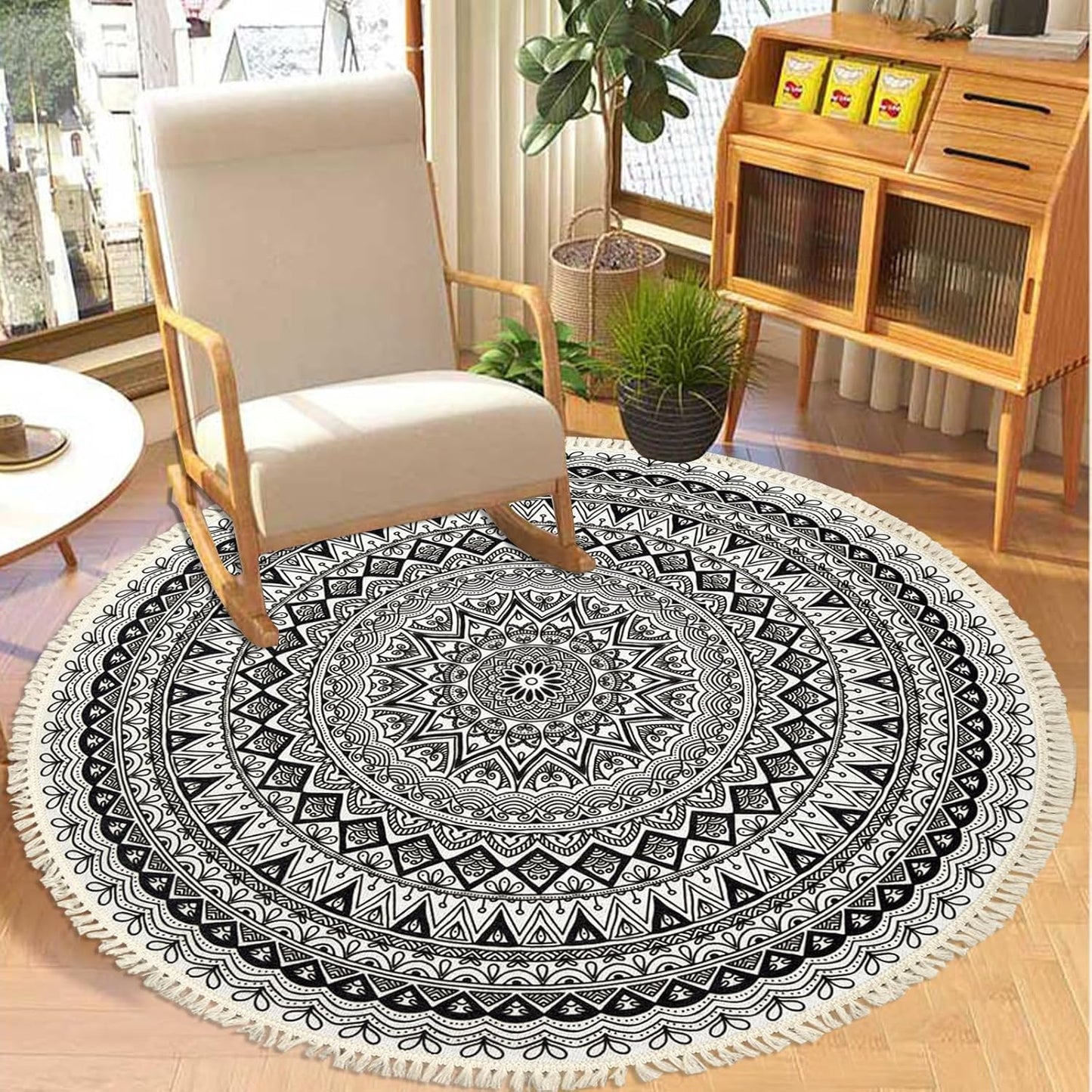 Boho Rug 5Ft Round Bedroom Carpet Circle Nonslip Farmhouse Area Rug Rustic Mandala Floor Mat for Living Room Locker Room Tassel Yoga Throw Rugs Washable Doormat, Purple
