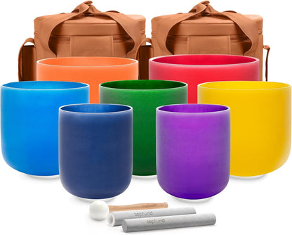 TOPFUND 6-12 inch 432Hz Chakra Set of 7 Crystal Singing Bowls with Heavy Duty Carrying Case and Singing Bowl Mallets