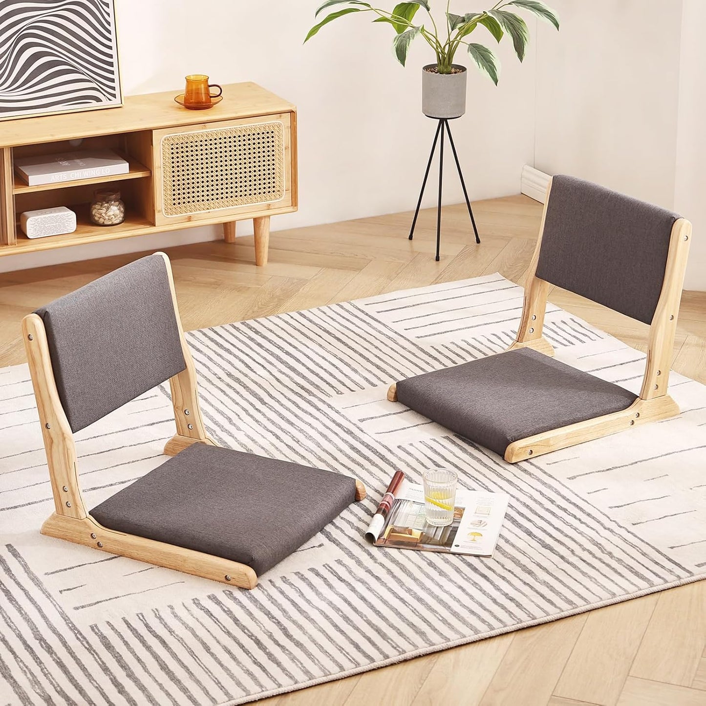 Tiita 2Pcs Floor Games Chair, Foldable Meditation Tatami Chairs, Backrest Chair with Cushion, Living Room Chair Seat, Wood Grey