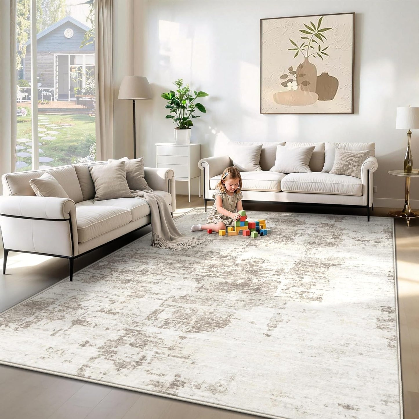 XLUEZ 8x10 Area Rugs for Living Room, Washable Modern Abstract Large Area Rug Neutral Soft Non Slip Kids Rug Stain Resistant Indoor Carpet for Bedroom Nursery Dining Children's Room(Blue, 8'x10')